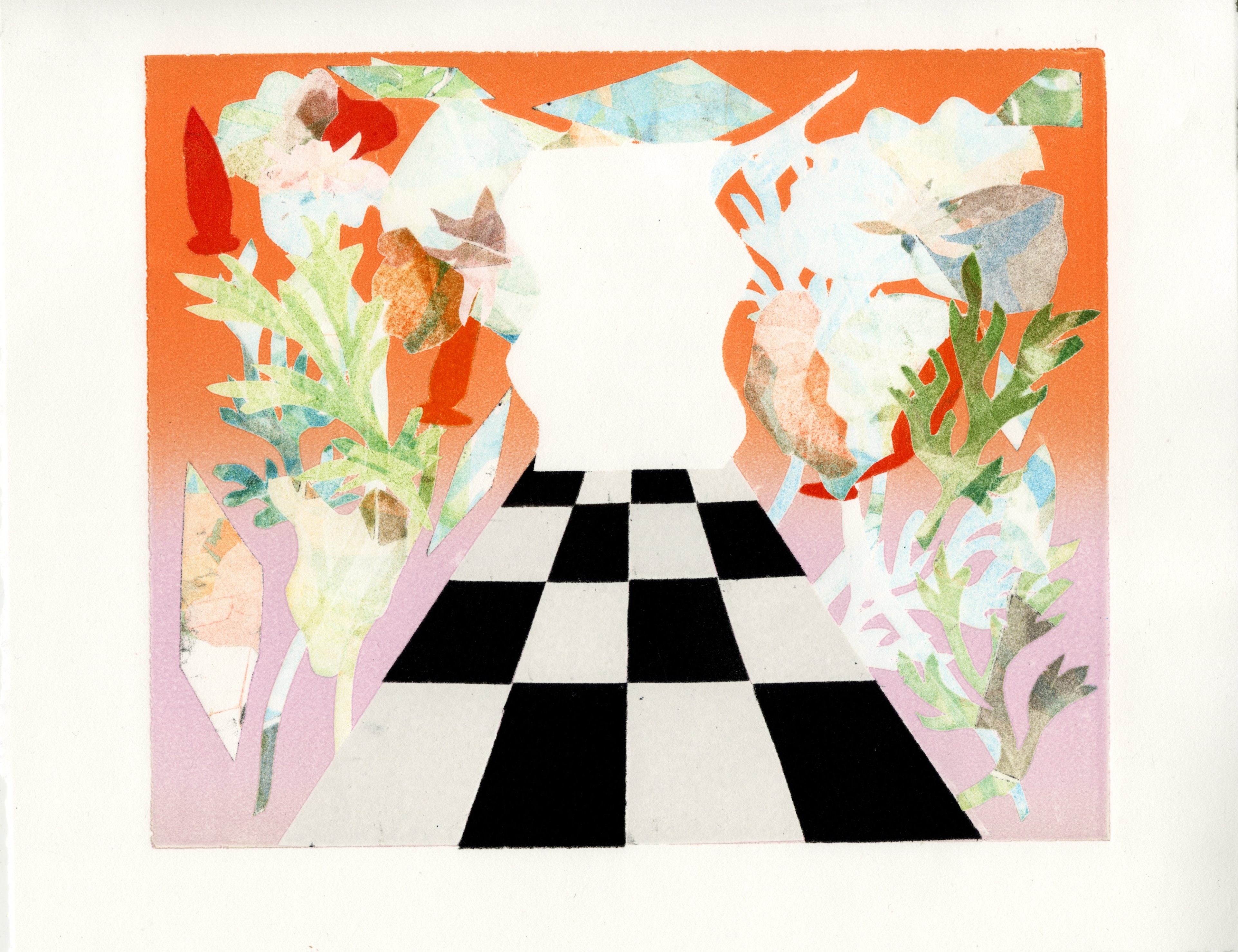 print of a linoleum floor leading to a white portal