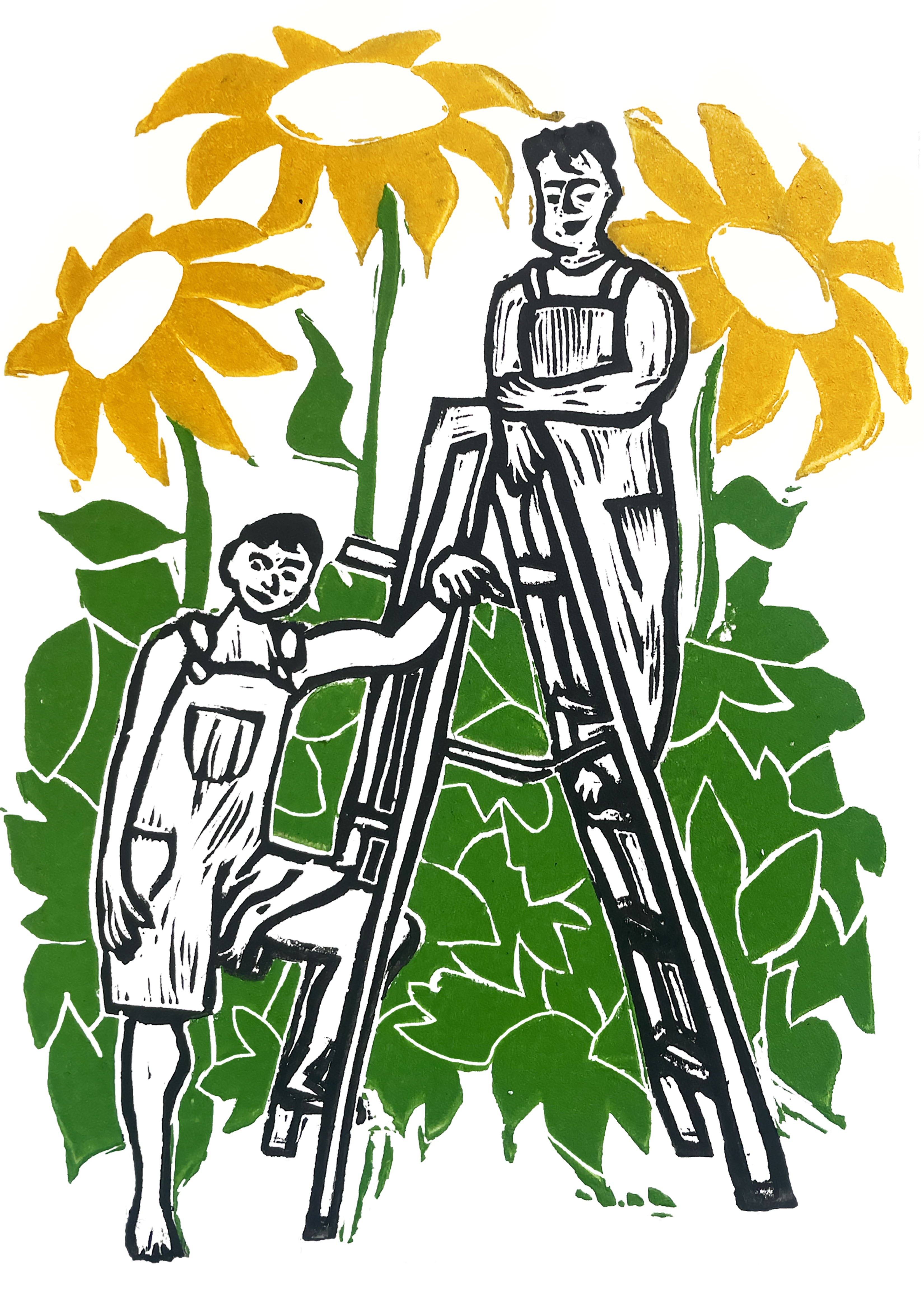 lino puzzle print in green and yellow and black with two people smiling towards the front
