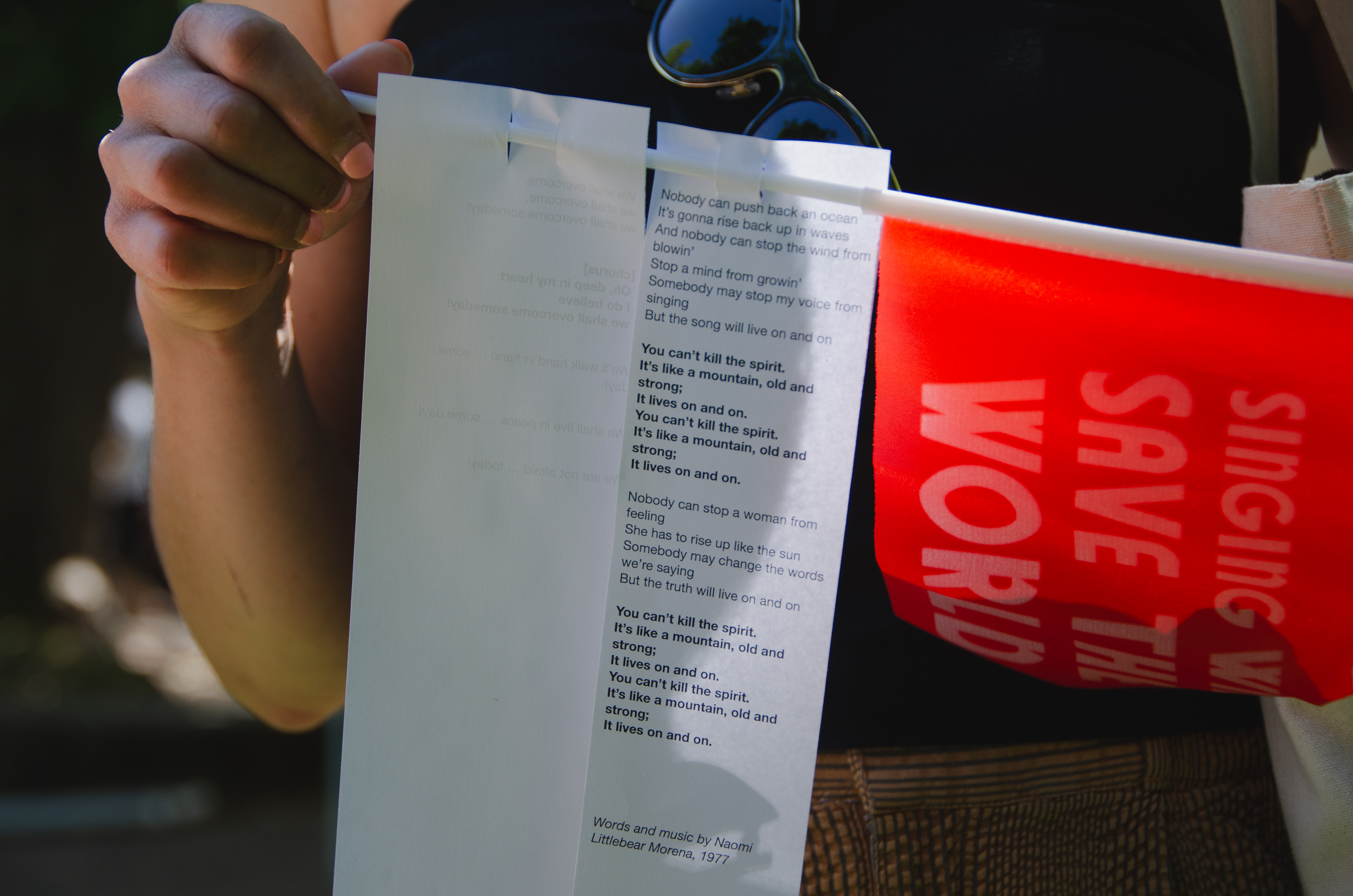 song lyrics hanging next to a flag that reads 'singing will save the world'